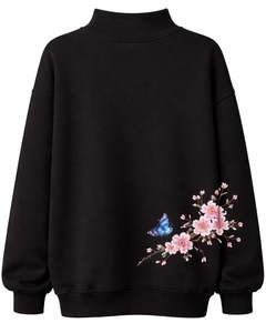Sudadera de Forro Polar Negra Extra Grande Personalizada para Mujer, Cuello Alto, Estampado Floral de Mariposas, Sudadera Informal Cálida para Invierno, Ropa de Calle - Product Image 2