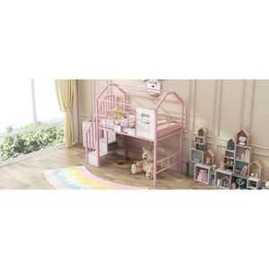Letto a soppalco in metallo rosa con design del tetto unico e contenitore portaoggetti per bambini - Product Image 5