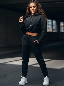 Ensemble de survêtement personnalisé pour femmes, 2 pièces, sweat-shirt court et pantalon de survêtement, OEM, vente en gros - Product Image 3