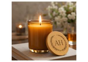 Bougie en cire de soja parfumée en pot ambré avec couvercle en bois personnalisé, parfum boisé artisanal, décoration intérieure élégante, 20-40 Thanksgiving - Product Image 3