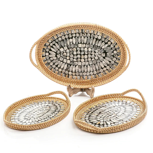 Exclusive Quality Customized <b>Round</b> <b>Table</b> Top Rattan Jute <b>Tray</b> Latest Design MOP Work Pearl Food Serving Platter Attractive Price - Product Image 3
