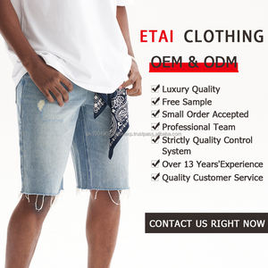 Streetwear bleu longueur genou Cargo Denim Shorts personnalisé qualité lavage déchiré ourlet décontracté rétro hommes court avec poche - Product Image 5