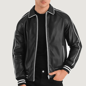 Men's Black PU Leather Bomber Jacket With White Trim Zip Closure Turn-down Collar Regular Fit Autumn Wear - Product Image 1