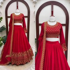 <b>Red</b> Embroidered <b>Lehenga</b> Choli Set with Dupatta Women Ethnic <b>Wedding</b> Party Outfit - Product Image 5