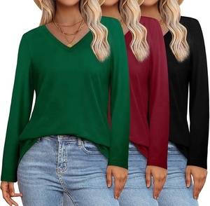 Camisetas de Mujer 100% Algodón, Verano, Cuadros, Cuello en V, Manga Larga, Casual, Holgadas, Tejidas, con Logotipo Frontal - Product Image 5