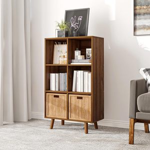 Bibliothèque ouverte à 6 cubes, étagère à livres en bois à 3 niveaux avec pieds et panneau arrière, noyer - Product Image 2