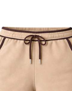 Pantalones Cortos de Algodón Personalizados para Mujer, Color Beige con Contraste Marrón Chocolate, Cintura Elástica, Ropa Deportiva Informal de Verano para Descansar - Product Image 5