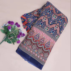 ผ้าเครปสีน้ำเงินกรมท่าพิมพ์ลายดอกไม้และลายเรขาคณิตแบบชาติพันธุ์ พร้อมขอบตกแต่งอย่างสวยงาม เหมาะสำหรับทำชุดคุर्ติ - Product Image 1