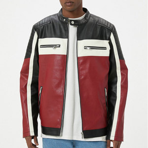 Men's Color Blocking PU Leather Moto Jacket Stand Collar Zipper Closure Regular Fit Autumn Wear Biker <b>Coat</b> - Product Image 1