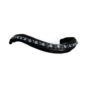 Bandeau à sourcils en cuir indien pour chevaux Rembourrage durable et doux avec cristaux noirs et bleus Produits pour chevaux - Product Image 1