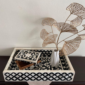 Bandeja de Servir de Madera Elegante Hecha a Mano con Incrustaciones de Hueso, Diseño Geométrico Contemporáneo para Aperitivos, Bebidas y Postres, Incluye Asa - Product Image 6