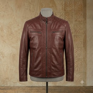 <b>Men's</b> Streetwear <b>Leather</b> <b>Jacket</b> with Stand Collar and Front Logo Best Quality Genuine <b>Leather</b> Low MOQ <b>Leather</b> <b>Jackets</b> - Product Image 1