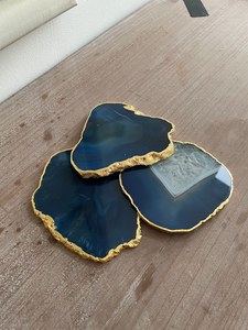 Irregular Shape Blue <b>Agate</b> Stone <b>Coaster</b> Gold Edged Handmade Mats For Table Decor Glam Style - Product Image 1