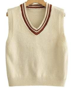 Chaleco de punto sin mangas para hombre con cuello de rayas en contraste, suave y cálido, estilo clásico, suéter de cricket en venta. - Product Image 1