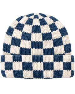 Gorro de punto personalizado con diseño de tablero de ajedrez azul y blanco, gorro de invierno cálido con puño, gorro de punto acrílico suave, unisex, estilo streetwear. - Product Image 1
