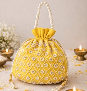 Elegant Light Blue Silk Potli Bag With Gold Beaded Embroidery Pearl Trim Handmade Evening Party Drawstring <b>Purse</b> - Product Image 6
