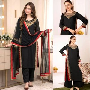 Conjunto de traje de fiesta étnico de diseñador: Kurti bordado de Mul Chanderi puro con palazzo de seda romana y dupatta con borde de encaje Nazmin - Product Image 5