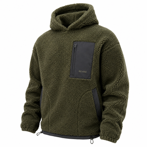 Custom Mens Olive <b>Sherpa</b> <b>Fleece</b> Utility Hoodie Heavy Winter Pullover with Pockets OEM Apparel Manufacturer - Product Image 4