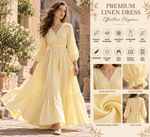 Vestido Maxi Casual Sencillo de Algodón y Lino al por Mayor con Cuello en V, Manga Abullonada, Cintura Natural, Dobladillo Escalonado y Caída Fluida para Todas las Estaciones - Product Image 3