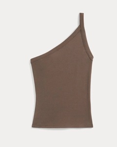 Women's Asymmetric 100% Cotton Knitted Rib Textured <b>One</b> Shoulder Tank <b>Top</b> Solid Deep Taupe Color Breathable Quick Dry - Product Image 1