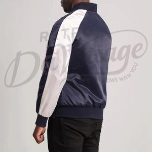 Chaqueta Varsity Azul Marino Personalizada para Hombre, Chaqueta Bomber de Satén con Mangas Raglán Blancas, Chaqueta de Béisbol Universitaria Ligera y Ajustada - Product Image 2
