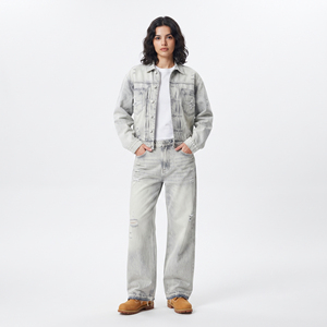 Women's Light Wash <b>Denim</b> Set <b>Jacket</b> And Baggy Jeans Long Sleeve Distressed Button Down Tracksuit Women - Product Image 1
