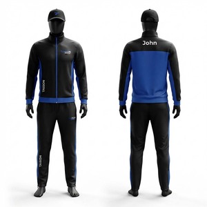 Survêtement de hockey sur gazon en polyester 300g, noir et bleu, avec empiècements latéraux en tissu interlock, logo personnalisé, fermeture éclair intégrale, coupe-vent et respirant - Product Image 1