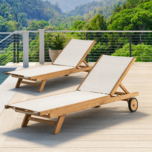Ensemble de chaises longues en teck d'Indonésie, durables, modernes, écologiques, avec coussins imperméables, dossier solide, fabrication artisanale - Product Image 1