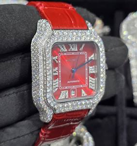 Montre Hip Hop de Luxe Unisexe Entièrement Sertie de Pierres et Bracelet en Acier Inoxydable Rouge Corodile, Mouvement Mécanique de Haute Qualité avec Véritable Moissanite - Product Image 3