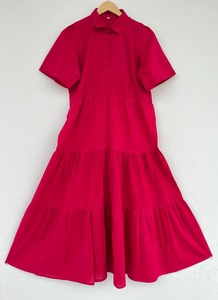 Robe chemise longue Y2K en coton slub rose vif naturel pour femme, à manches courtes, boutonnée, à volants, décontractée pour l'été, faible MOQ, fabricant - Product Image 1