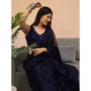 Zeel Ropa Tenting Blush Blue Lentejuelas Georgette Diseñador Saree con blusa sin costuras - Product Image 1