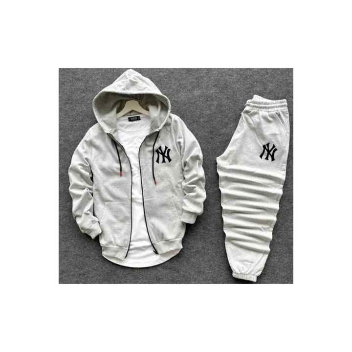 EL-Sİ Winter Gray Color Jacket NY Printed Hooded Jacket Unisex Tracksuit Set