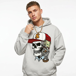 Sudadera con Capucha Gris para Hombre, Estampado de Calavera y Dinero, Estilo Hip Hop, Diseño con Logotipo Frontal, Corte Regular, para Otoño - Product Image 1