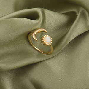 Natural fire ethiopian opal gemstone celestial <b>ring</b> 18k gold plating crescent <b>moon</b> adjustable open stacking jewelry for wedding - Product Image 2