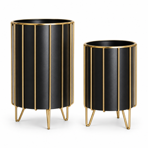 Ensemble de pots cylindriques noirs et dorés pour l'intérieur |   Jardinières surélevées en métal avec pieds pour salon, hôtel, bureau, maison, jardin - Ensemble de décoration - Product Image 1