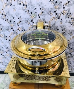 Round Glass Lid Chafer <b>Food</b> Warmer Stainless Steel Buffet Heating Dish Catering Serving Equipment - Indian Home Crafts - Product Image 1