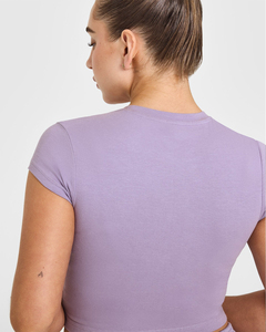 เสื้อครอปถักแขนสั้นคอกลมสีลาเวนเดอร์สำหรับผู้หญิงสวมใส่สบายระบายอากาศได้ดีสำหรับฤดูใบไม้ผลิและฤดูร้อน - Product Image 6