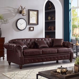 Divano Chesterfield Classico Bordeaux da 220 cm in Ecopelle PU Imbottito per Soggiorno con Contenitore e Design Trapuntato - Product Image 2