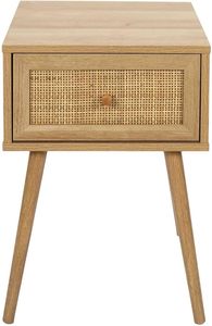 Mid Century Teak Wood Bedside Cabinet Elegant Rattan Accent Side Organizer - Product Image 1