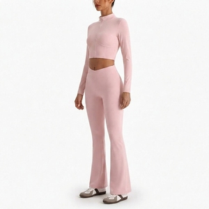 Women Activewear 2 Piece Set Sleeveless Zip Crop Top High Waist Flare <b>Leggings</b> Quick Dry Front Fitness Yoga Workout Clothing - Product Image 4