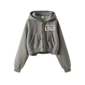 Sweat à capuche unisexe court avec fermeture éclair et poche avant, coupe oversize, couleur unie, décontracté, 100 % coton French Terry, coupe BOXY - Product Image 1