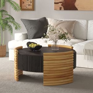 Tavolino da Caffè Moderno 80 cm con Finitura in Legno Naturale, Design a Strisce Colorate e Piano Ribaltabile con Vano Portaoggetti per Soggiorno e Appartamento - Product Image 4