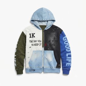 Custom Distressed Patchwork Graphic Hoodies Color Block Full <b>Zip</b> Up Hoodie Metal Studded Vintage Printed Heavy <b>Hooded</b> Jacket OEM - Product Image 2