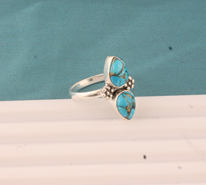 Bague Classique en Argent Sterling 925 avec Deux Pierres en Cuivre et Turquoise, Forme Goutte d'Eau, pour Fournisseur de Fêtes (Vente en Gros) - Product Image 2