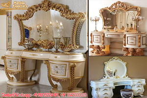 หรูหราทองใบไม้แกะสลักคอนโซลชุดโต๊ะยุโรปสไตล์โต๊ะเครื่องแป้งพร้อมกระจกอินเดียไม้แกะสลักชุดโต๊ะเครื่องแป้ง - Product Image 6