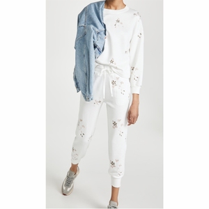 Conjunto Deportivo de Mujer, Blanco, con Bordado Floral, Manga Larga, Cuello Redondo, Pantalones con Cordón, Corte Holgado, Informal, de Algodón, para Primavera - Product Image 4