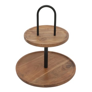 Plateau à fromage en bois à deux niveaux avec poignée en métal noir, support à collation rond réutilisable - Product Image 3