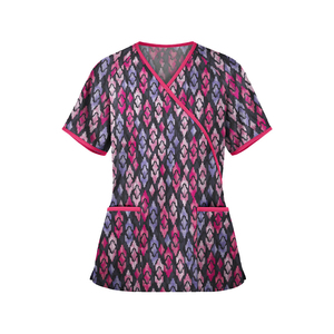 2026 Women's Scrub Top With Pink And Purple Geometric Pattern Short Sleeve V-Neck Hospital Uniform Top - Product Image 3