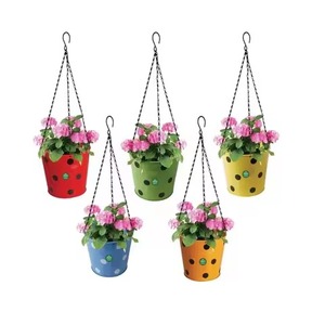 Colorful Metal Hanging Flower Pots Set of 5 With Polka Dot Design For Indoor Outdoor Use Modern Planters Pots - Product Image 1