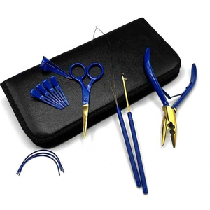 Pakistan Made Royal Blue Hair Extension Fitting <b>Kit</b> Pliers Craft Shears <b>Latch</b> <b>Hook</b> Needle Section Clips Black Zipper Pouch - Product Image 1